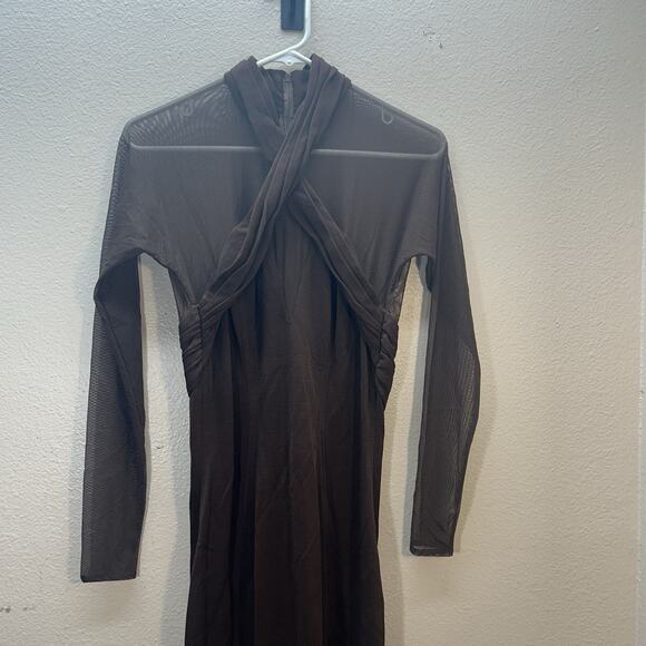 Vtg Tadashi Shoji Brown Long Mesh Sheer Sleeves Dress Formal Evening Gown SZ L - Picture 2 of 16